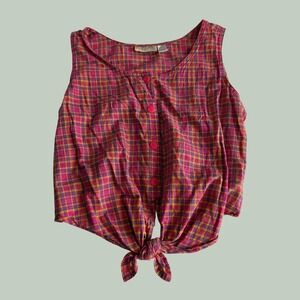 Vintage 80s Victoria Harbor Plaid Tie Front Tank Top Pink Orange Cotton Large